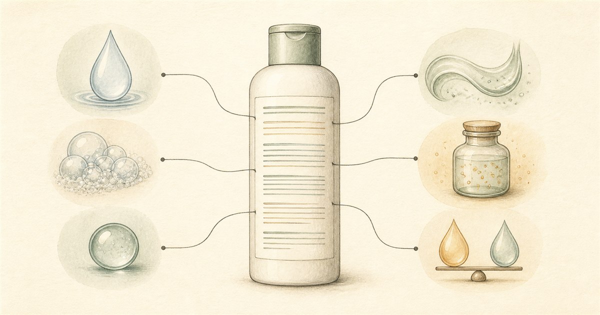 Conceptual dog shampoo bottle with an abstract ingredient list connected to six equal formulation-role illustrations.